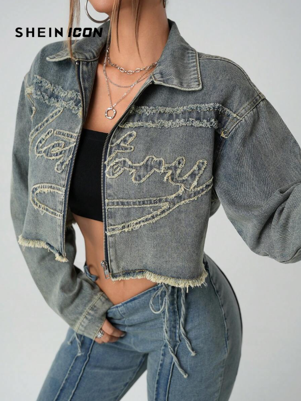 SHEIN ICON Chaqueta de mezclilla de manga larga con cremallera frontal y dobladillo