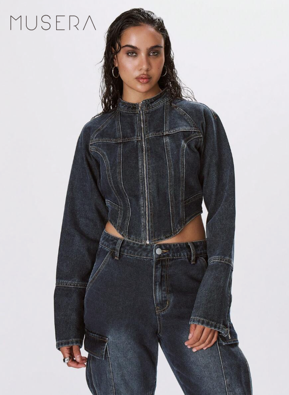 MUSERA Chaqueta cropped de denim estructurada, primaveral años 90 linda de verano