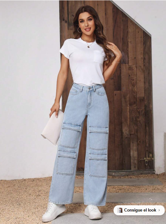 SHEIN Jeans de pierna recta unicolor con bolsillo con solapa
