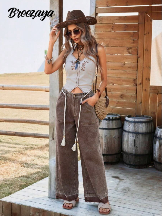 Breezaya Vaqueros casuales y versátiles de corte holgado con bolsillo y pierna acampanada para mujeres