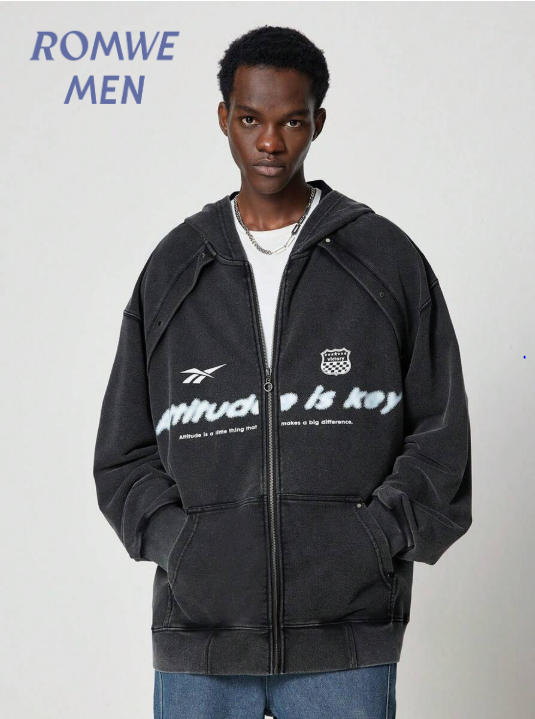 ROMWE MEN Street Life Sudadera con capucha con cremallera y estampado de eslogan lavado vintage para hombres