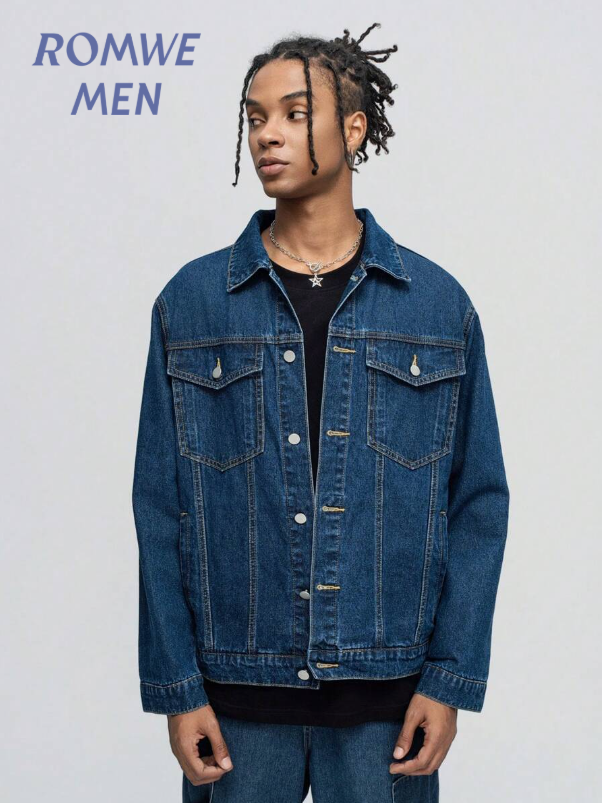 ROMWE MEN Street Life Chaqueta vaquera informal con cuello vuelto, solapa y bolsillo con solapa para hombre, para otoño