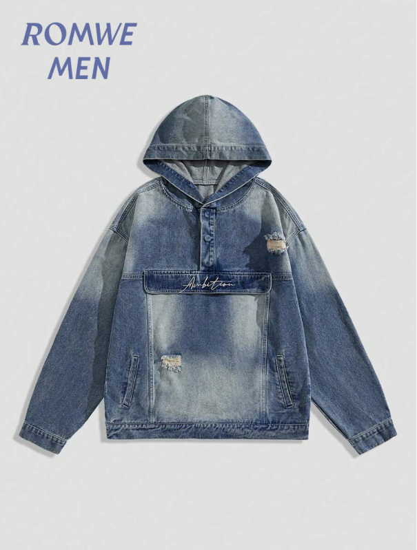 ROMWE MEN Street Life Chaqueta vaquera con capucha lavada y desgastada casual para hombre, otoño