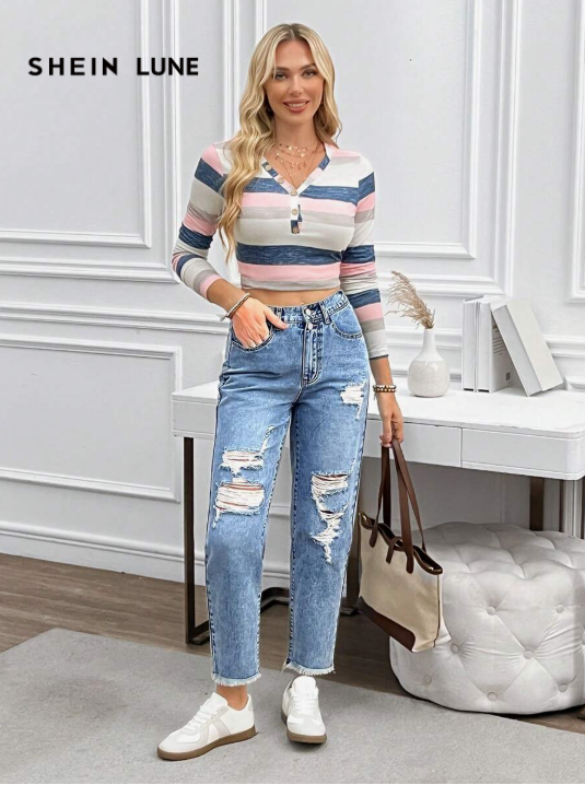 SHEIN LUNE Jeans rasgados con bolsillo delantero y botones para mujer, de uso casual y diario