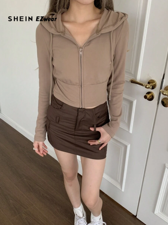 SHEIN EZwear Sudadera con cremallera para mujer, blusa corta casual y deportiva con estilo universitario