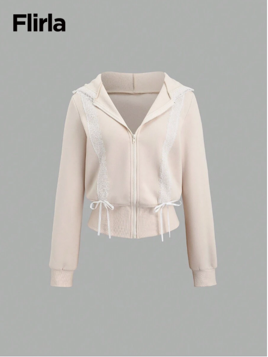 Flirla Sudadera informal con capucha de mujer con parches de encaje y lazo