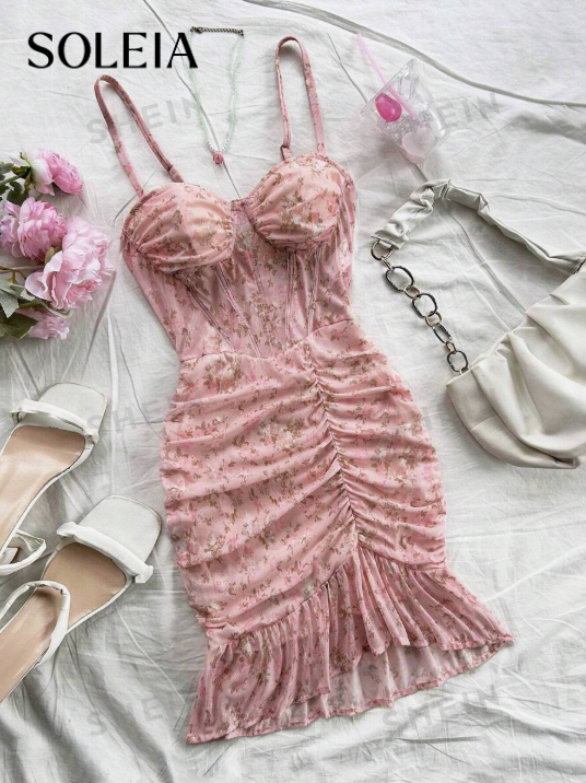 Soleia Vestido casual de vacaciones para mujer con bodice de encaje floral vintage, fruncido y elástico de punto