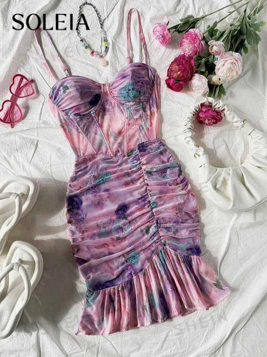Soleia Vestido ajustado romántico para damas con volantes de malla, estilo de copa de sujetador con flores rosas retro sexy, tejido elástico para vacaciones