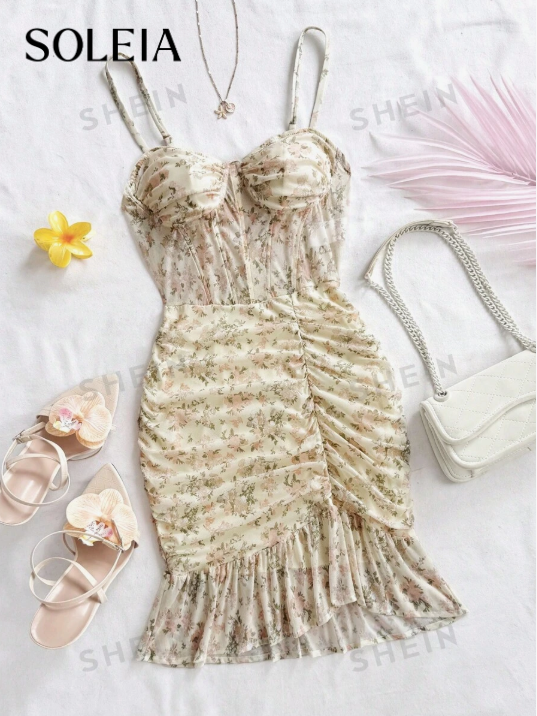 Soleia Vestido casual romántico para vacaciones con escote estilo bustier de malla floral, dobladillo con volantes y diseño adaptado al Body elástico para mujeres