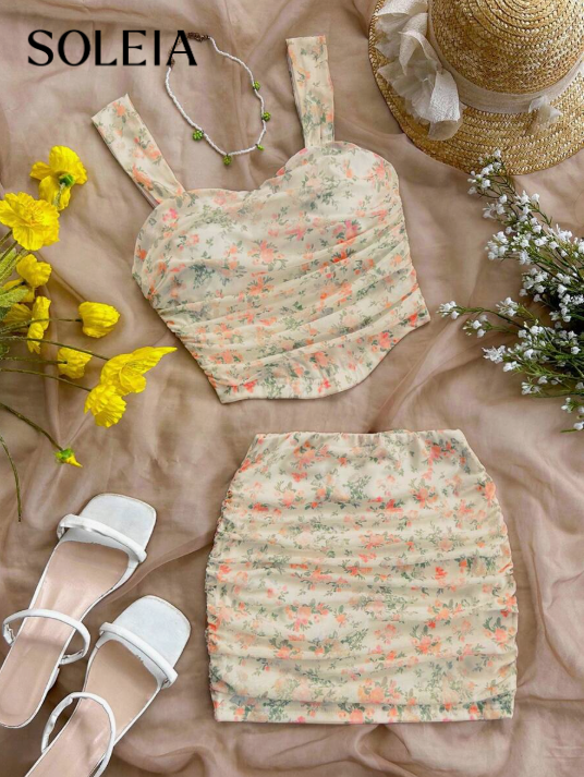 Soleia Conjunto de camisola y falda estilo vacacional de flores pequeñas y rosadas para mujer, de ajuste delgado