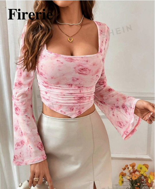 Firerie Camiseta elegante y romántica para mujer, camiseta con cuello cuadrado, estampado floral y dobladillo con volantes