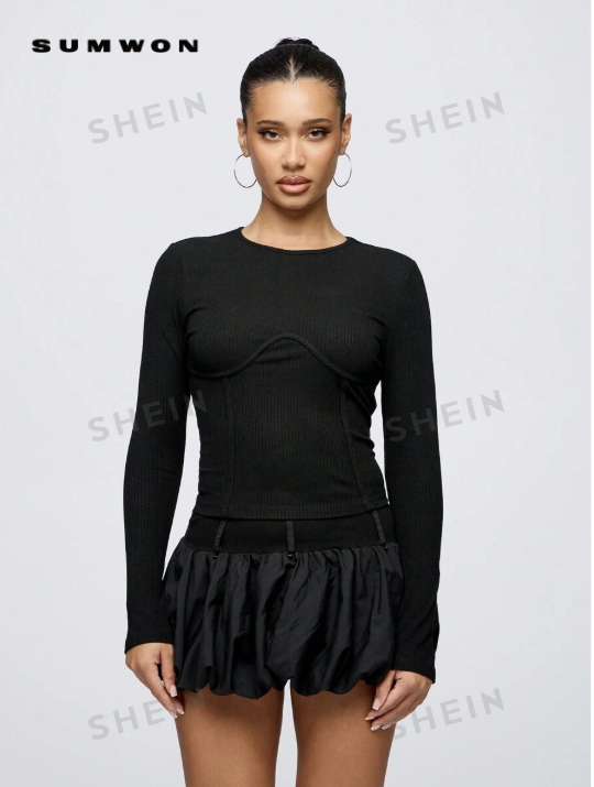 SUMWON WOMEN Blusa de manga larga con estilo de corsé y ajuste ceñido