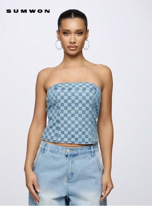 SUMWON WOMEN Top de bandeau de mezclilla a cuadros en tono medio