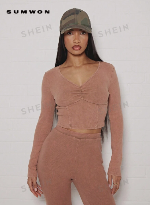 SUMWON WOMEN Top de fiesta, casual y para citas de noche con cuello en V, ajuste ceñido y manga larga estilo corsé de punto acanalado