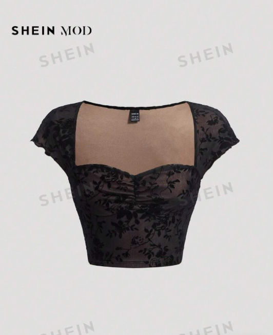 SHEIN MOD Camiseta con estampado de plantas pecho con fruncido